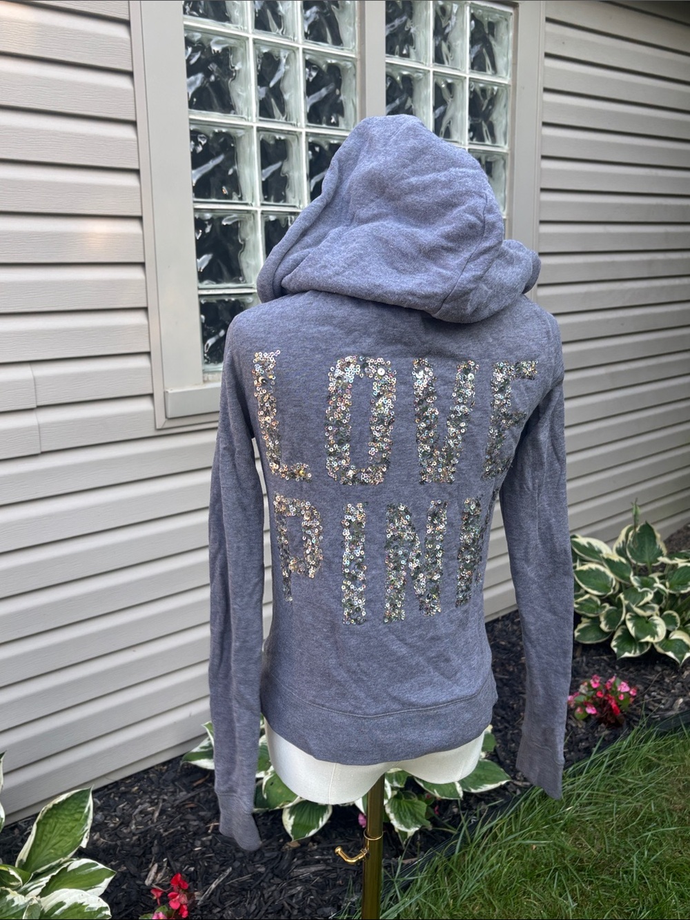 PINK Victoria's Secret Gray Sequin 'Love PINK' Hoodie